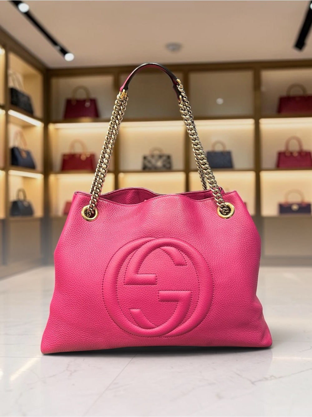 Gucci Soho Interlocking GG Fuchsia Pink Leather Chain Tote w/COA